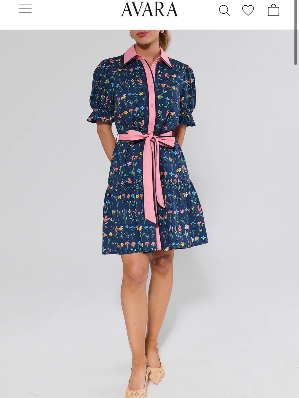 Avara NWT Navy Floral Shirt Dress with Pink Trim
